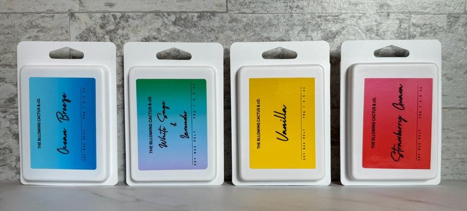 Highly Scented All Natural Soy Wax Melts-4 Different scents-6 Cube each - Strawberry Guava+Vanilla+White Sage & Lavender+Ocean Breeze.
