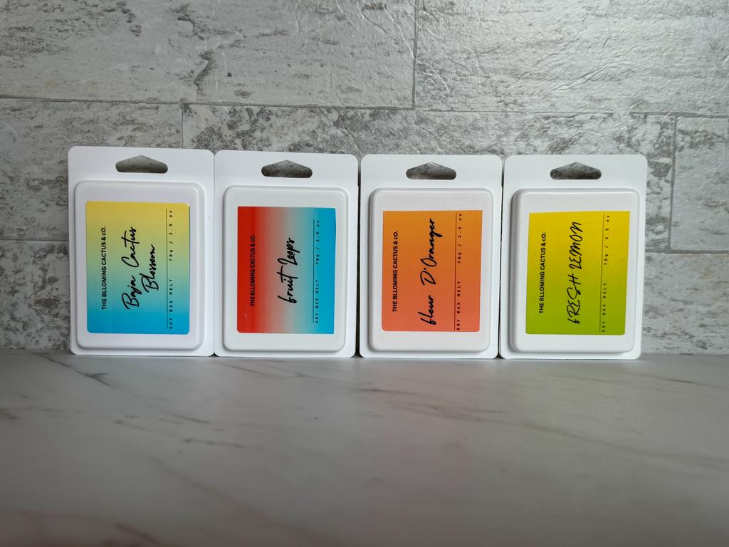 Highly Scented All Natural Soy Wax Melts-4 Different scents-6 Cube Clamshell -Fresh Lemon+Baja Cactus Blossom+Fruit Loops+Fleur D'Oranger.