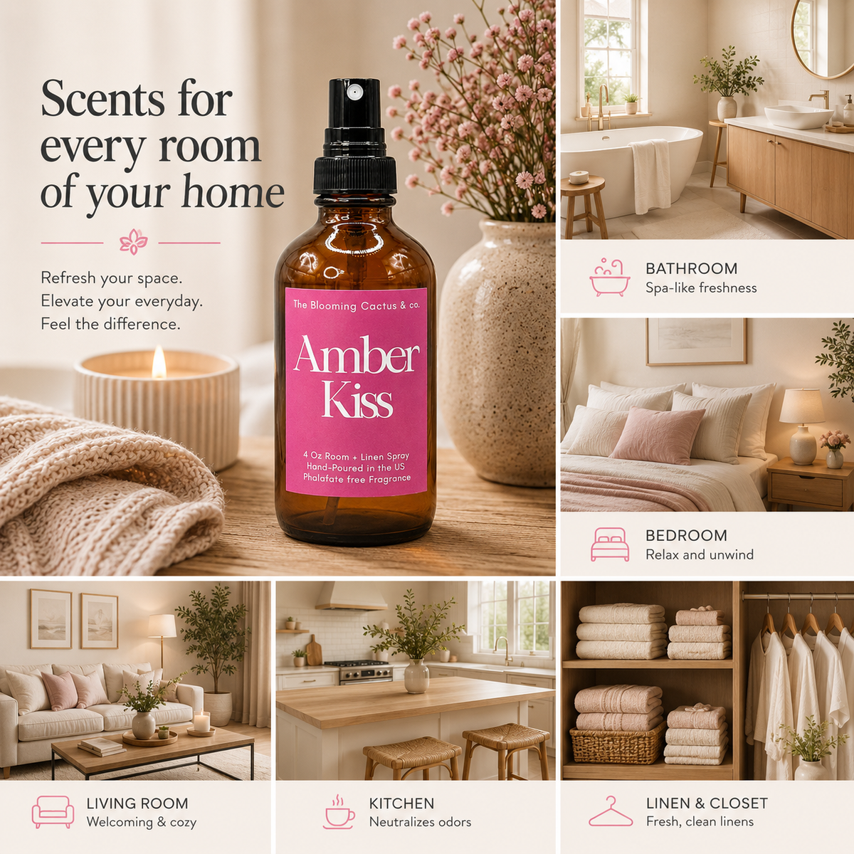 Room Spray - Air Freshener - Odor Eliminator - Car Air Freshener - Home Spray - Linen Spray - Fabric Refresher - Mist Hand Poured - Made in USA| Amber Kiss.