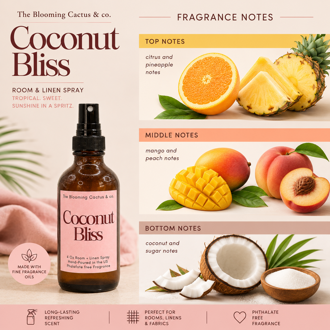 Room Spray - Air Freshener - Odor Eliminator - Car Air Freshener - Home Spray - Linen Spray - Fabric Refresher - Mist Hand Poured - Made in USA| Coconut Bliss.