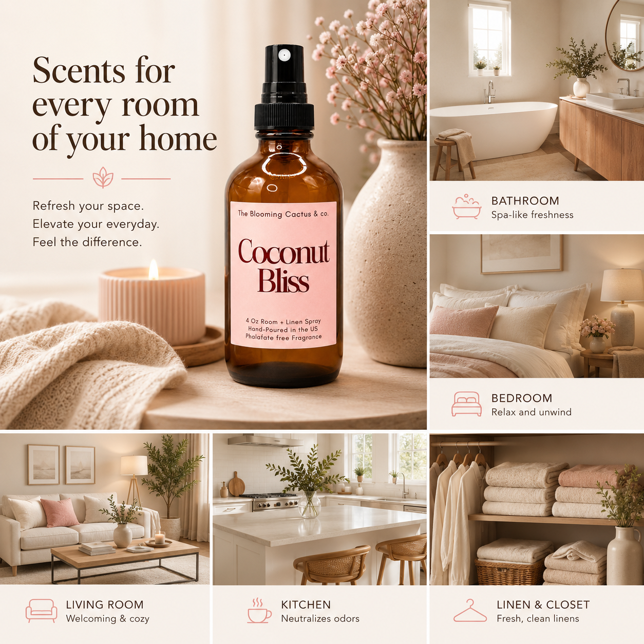 Room Spray - Air Freshener - Odor Eliminator - Car Air Freshener - Home Spray - Linen Spray - Fabric Refresher - Mist Hand Poured - Made in USA| Coconut Bliss.