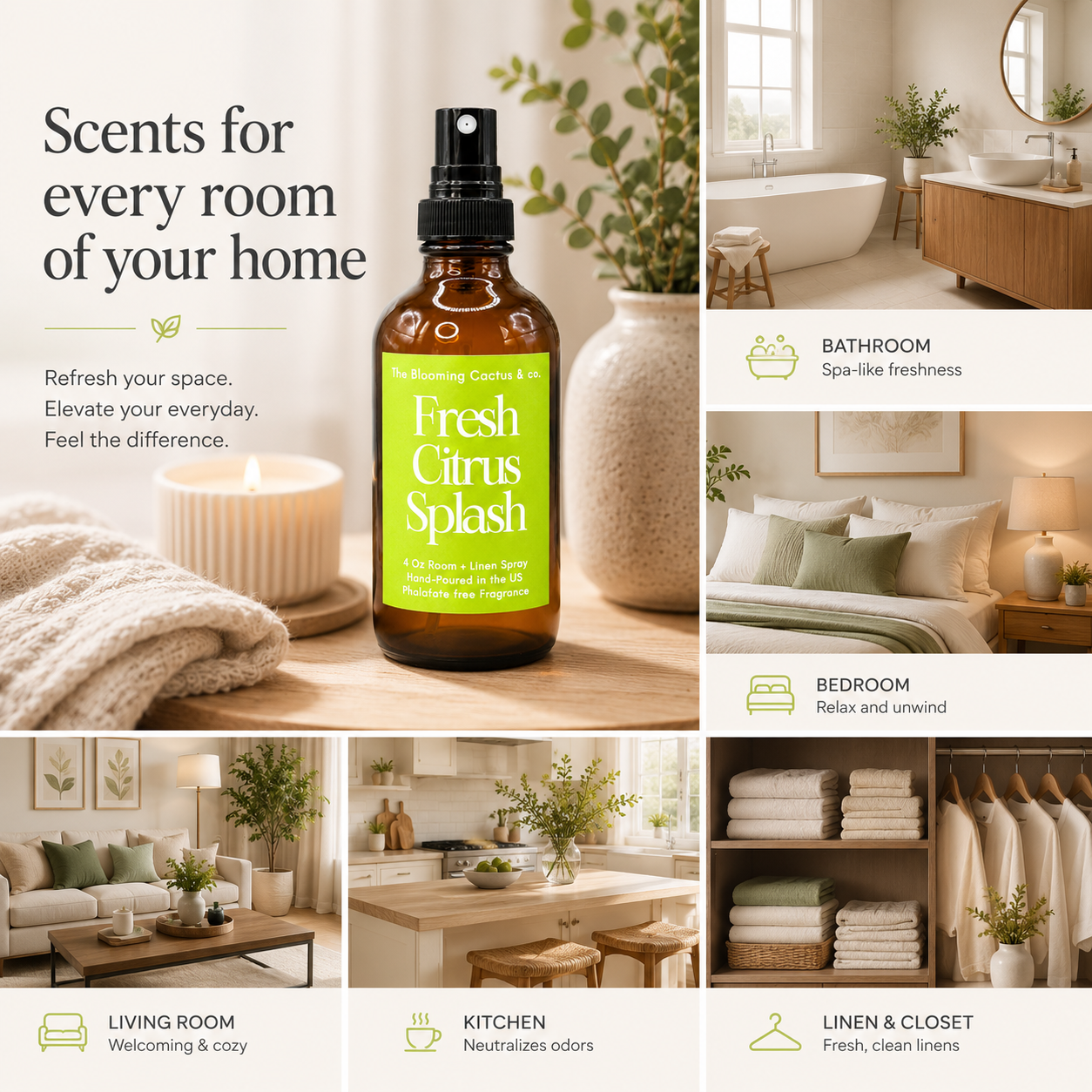 Room Spray - Air Freshener - Odor Eliminator - Car Air Freshener - Home Spray - Linen Spray - Fabric Refresher - Mist Hand Poured - Made in USA| Fresh Citrus Splash..