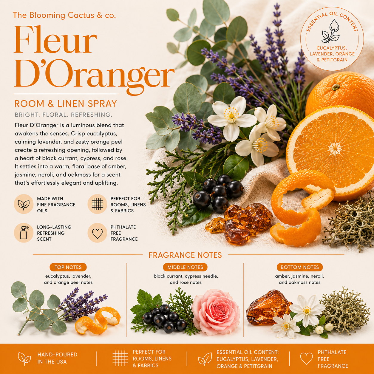 Room Spray - Air Freshener - Odor Eliminator - Car Air Freshener - Home Spray - Linen Spray - Fabric Refresher - Mist Hand Poured - Made in USA |Fleur D’Oranger
