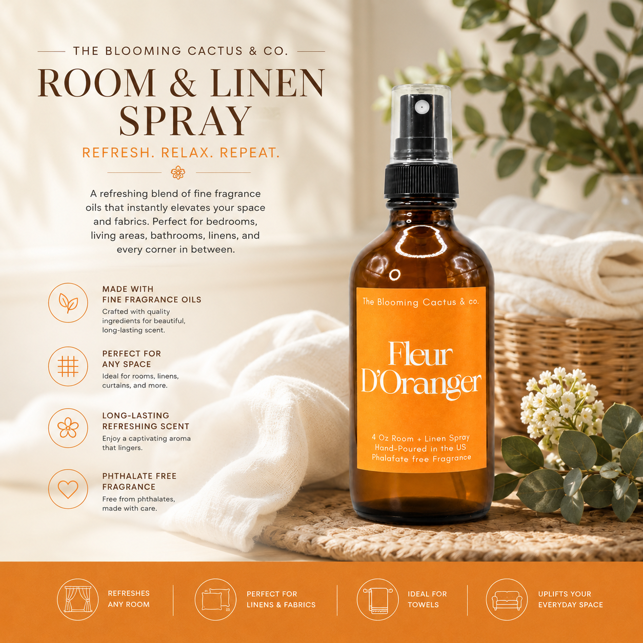 Room Spray - Air Freshener - Odor Eliminator - Car Air Freshener - Home Spray - Linen Spray - Fabric Refresher - Mist Hand Poured - Made in USA |Fleur D’Oranger