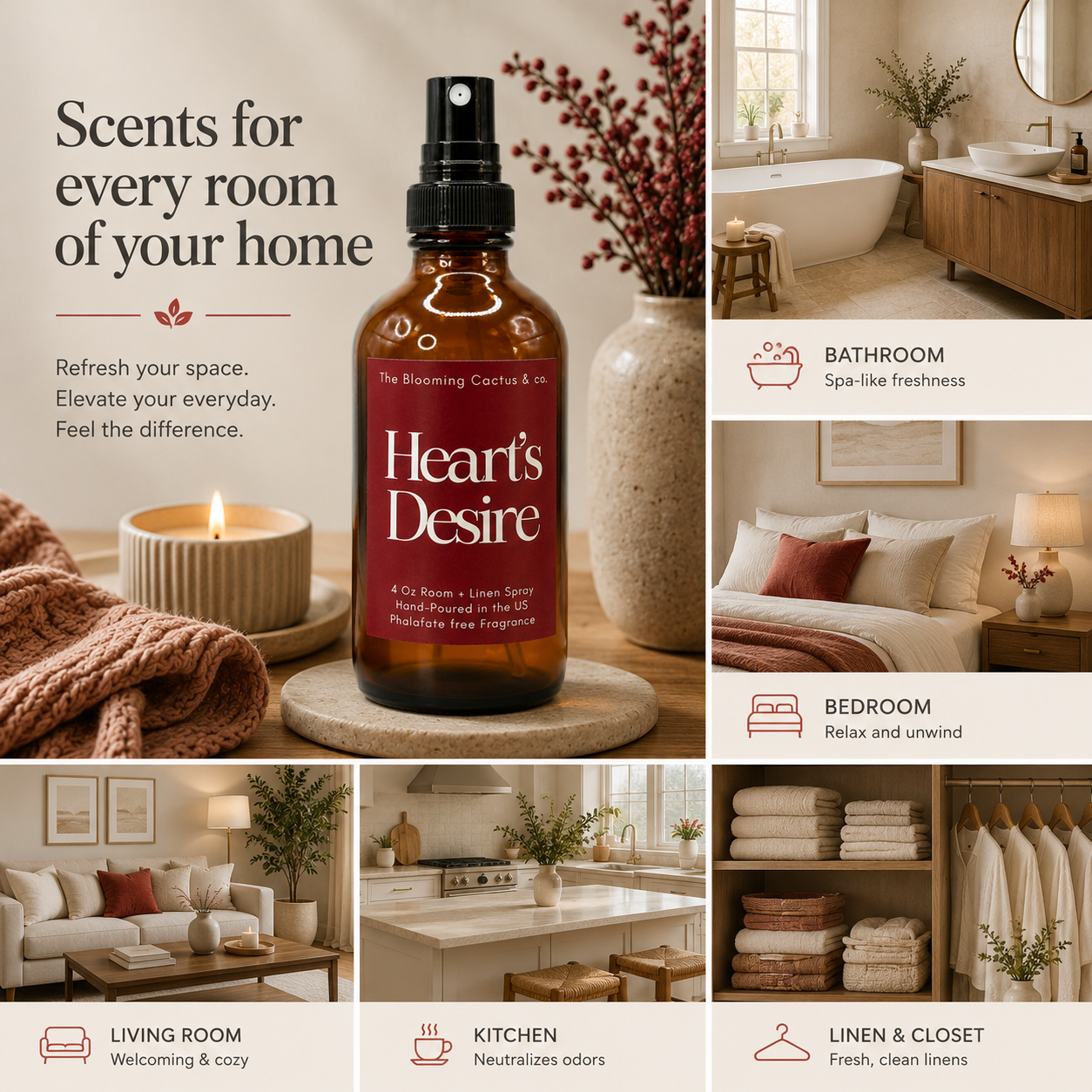 Room Spray - Air Freshener - Odor Eliminator - Car Air Freshener - Home Spray - Linen Spray - Fabric Refresher - Mist Hand Poured - Made in USA| Heart's Desire