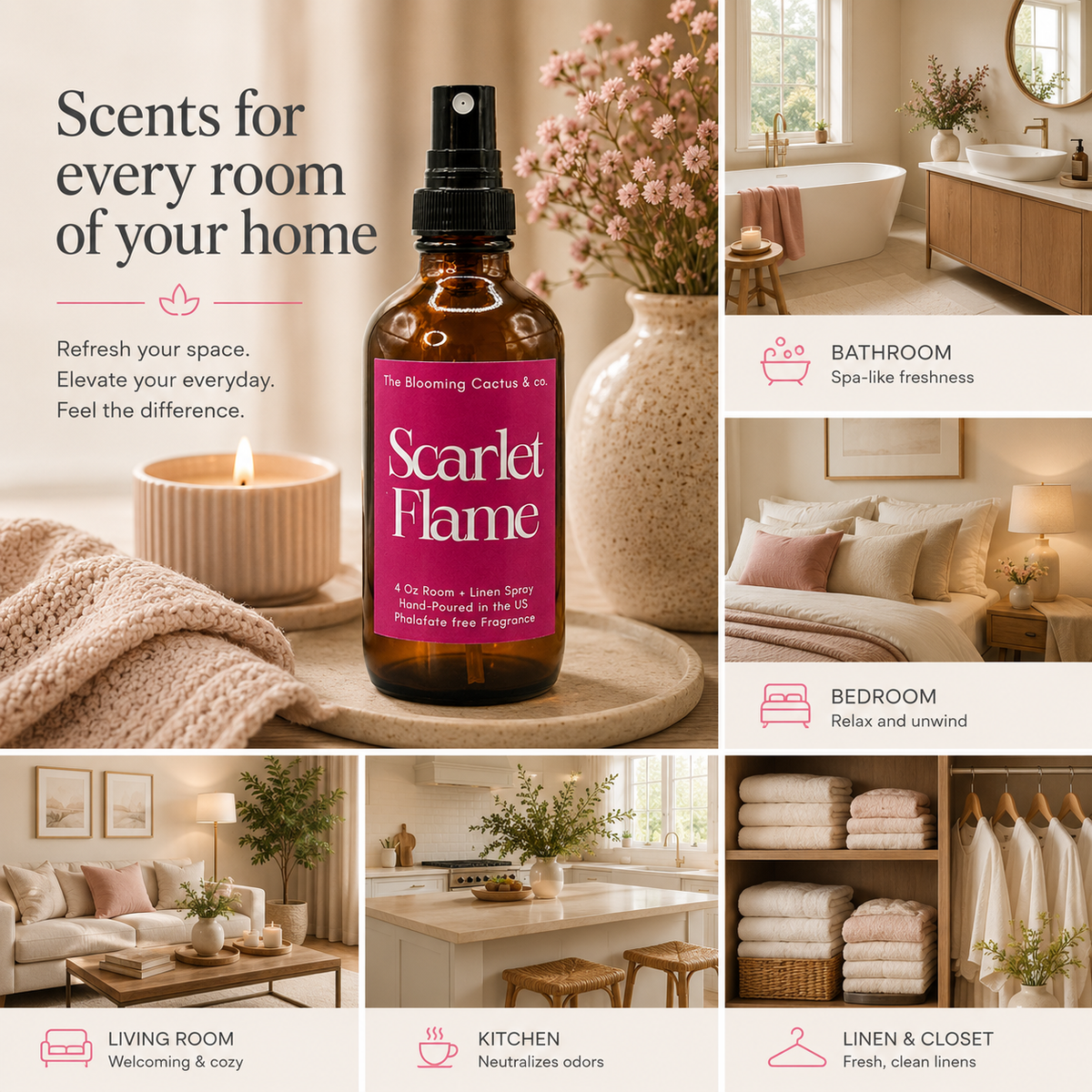 Room Spray - Air Freshener - Odor Eliminator - Car Air Freshener - Home Spray - Linen Spray - Fabric Refresher - Mist Hand Poured - Made in USA| Scarlet Flame.
